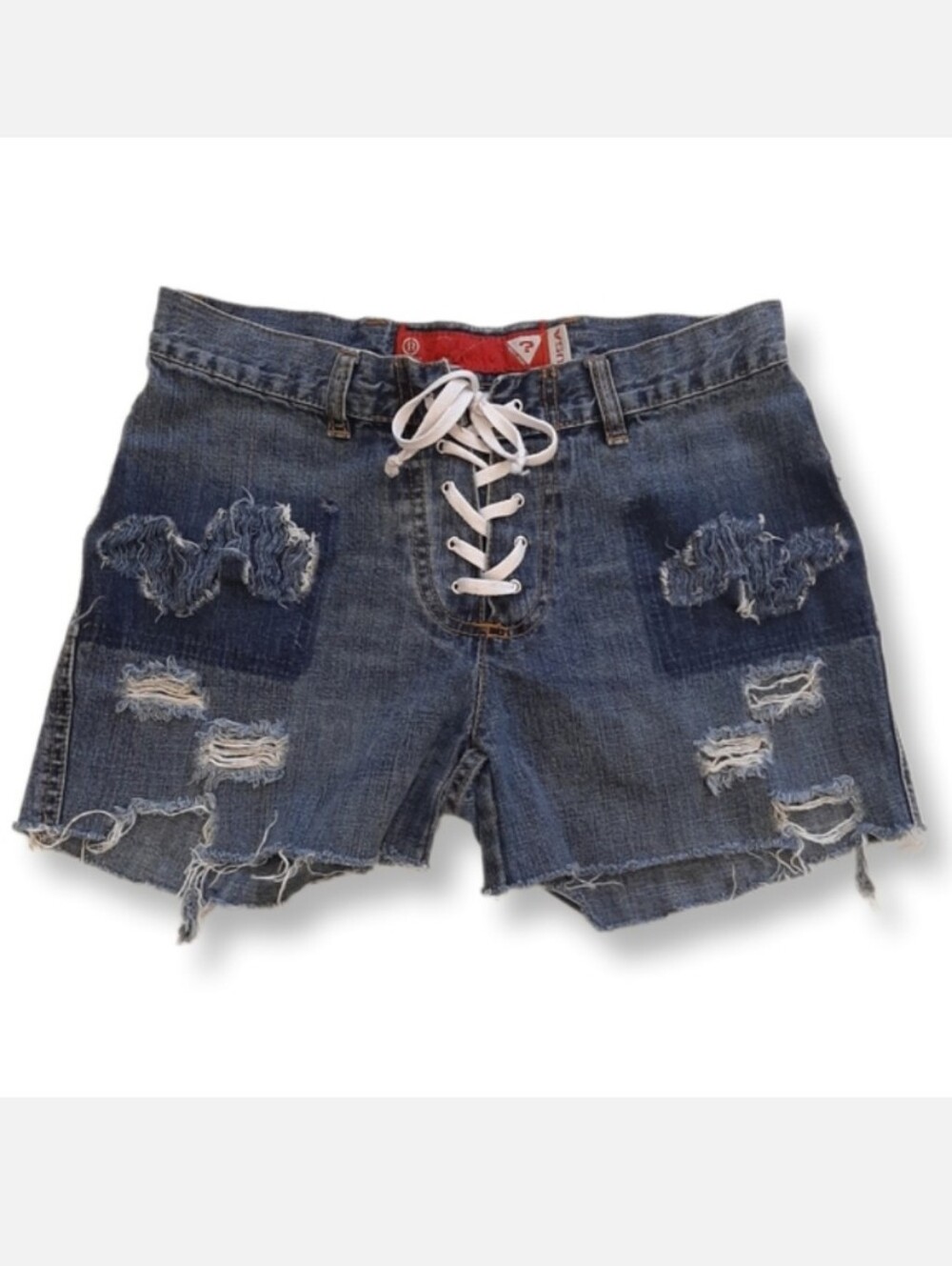 Vintage GUESS Lace Up Cut Off Denim Shorts Distressed Ripped Destroyed Patched
